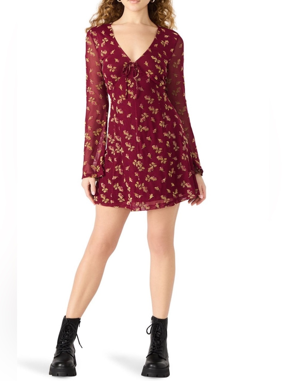 NWT Betsey Johnson Burgundy Babydoll Dress with Gold Floral Print